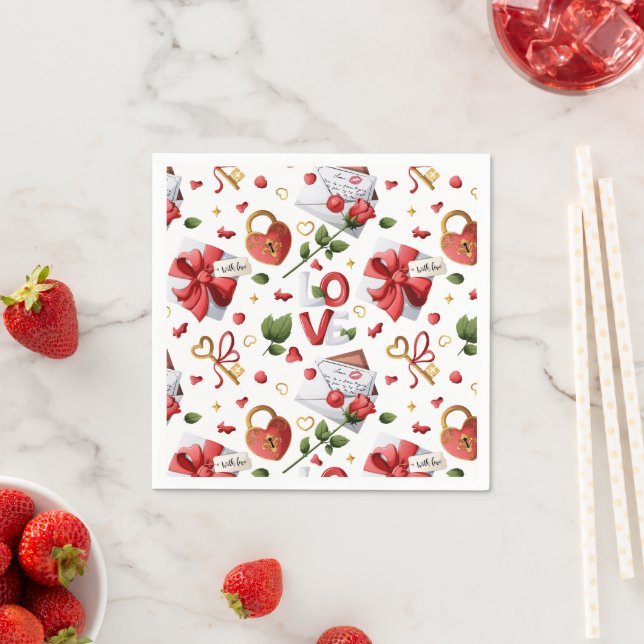 Elegant Red Rose & Heart Lock Romantic Pattern Napkins (Insitu)