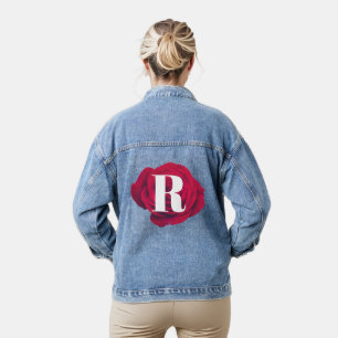 Elegant Red Rose Initial Modern Monogram Denim Jacket