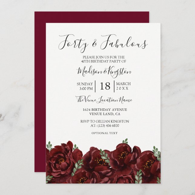 Elegant Red Rose Leaf Modern 50th Birthday Invite (Front/Back)