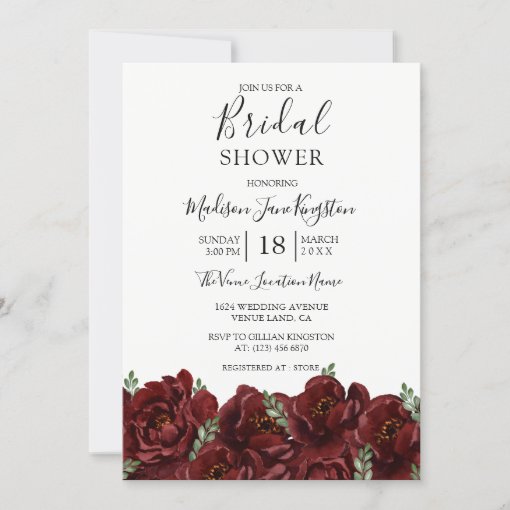 Elegant Red Rose Leaf Modern Bridal Shower Invitation | Zazzle