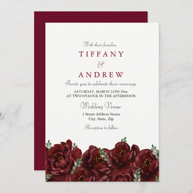 Elegant Red Rose Leaf Modern Wedding Invite (Front/Back)