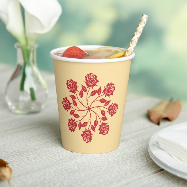 Elegant Red Rose Mandala Circular Floral Design Paper Cups (Insitu)