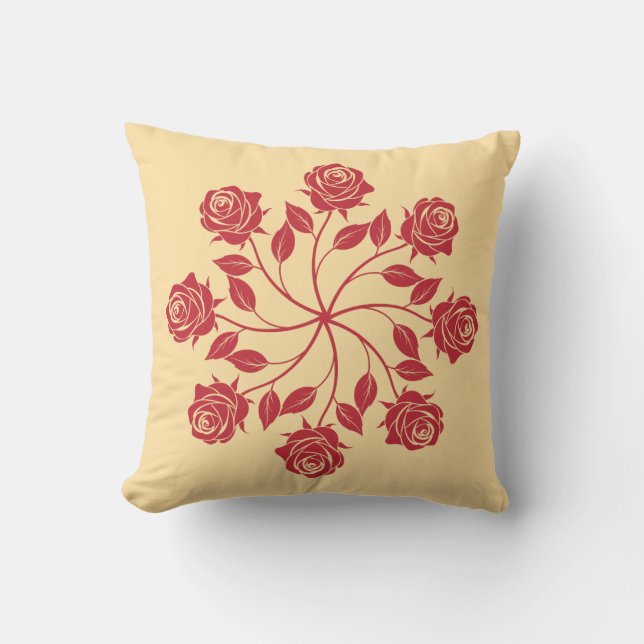 Elegant Red Rose Mandala Circular Floral Design Throw Pillow (Front)