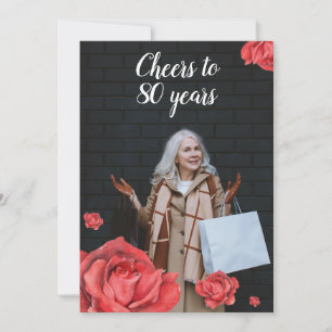 Elegant Red Rose Mom Photo 80th Birthday Invitation