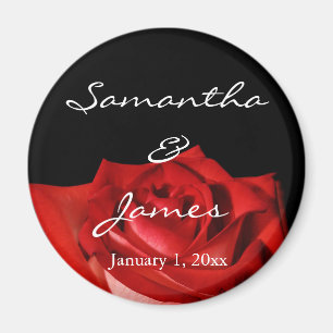 Elegant Red Rose on Black Personalized Wedding Magnet