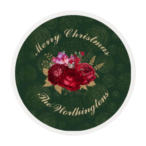 Elegant Red Rose on Green Velvet Christmas Round Edible Frosting Rounds