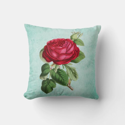 Elegant Red Rose on Vintage Mint Green Background Throw Pillow