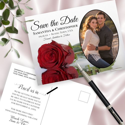 Elegant Red Rose Oval Photo Wedding Save The Date Announcement Postcard