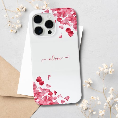 Elegant Red Rose Petals Floral Custom Name Chic iPhone 15 Pro Max Case