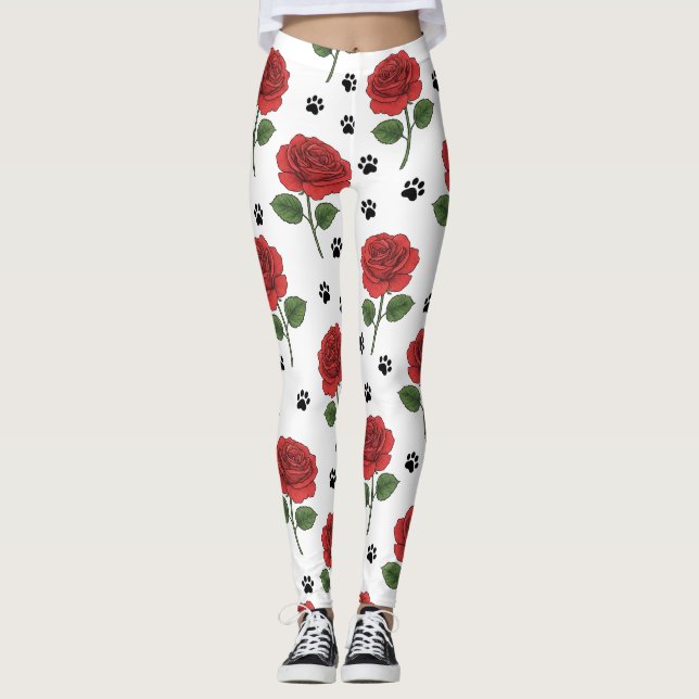 Elegant Red Rose & Playful Paw Print Leggings (Front)