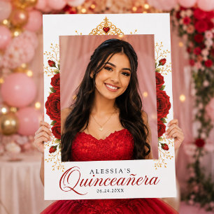 Elegant Red Rose Princess Quinceañera Party Selfie Frame