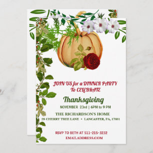 Elegant Red Rose Pumpkin Thanksgiving Dinner Invitation