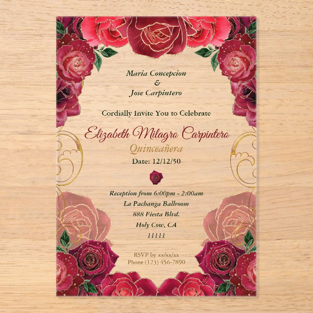 Elegant Red Rose Quinceañera Modern Floral 15 Años Acrylic Invitations (Front)