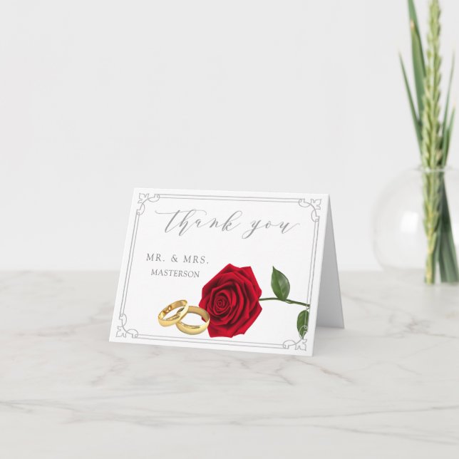 Elegant Red Rose Rings Wedding Thank You (Front)