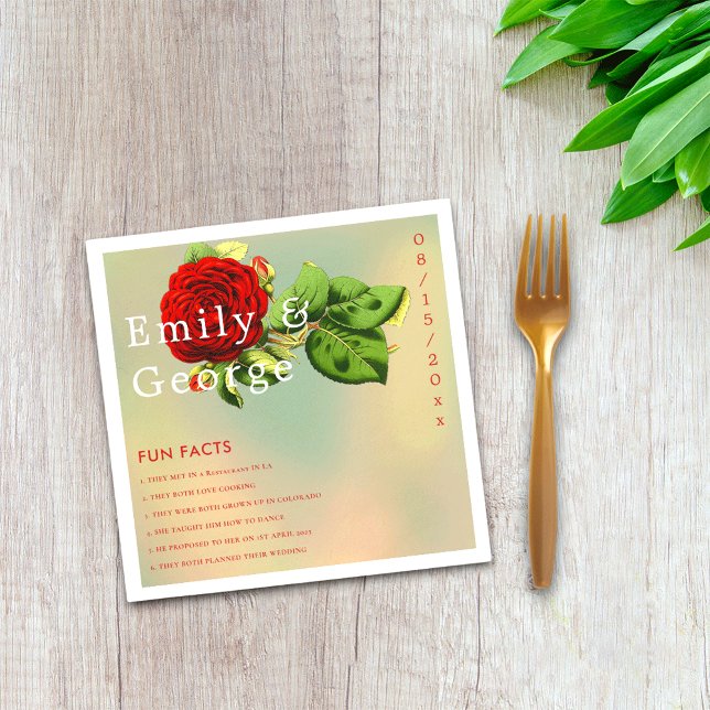 Elegant Red Rose Romantic Floral Fun Facts Wedding Napkins (Creator Uploaded)