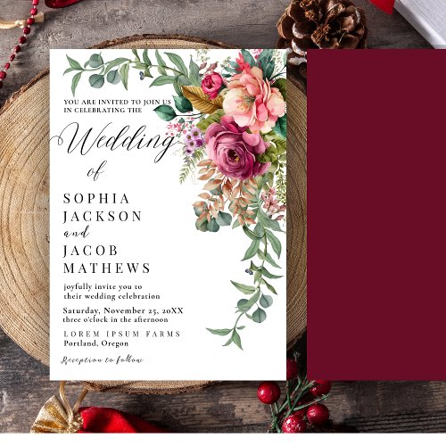 Elegant Red rose romantic Floral winter wedding Invitation