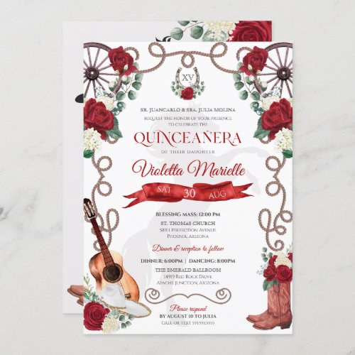 Elegant Red Rose Rustic Mariachi Charra Quinceanos Invitation