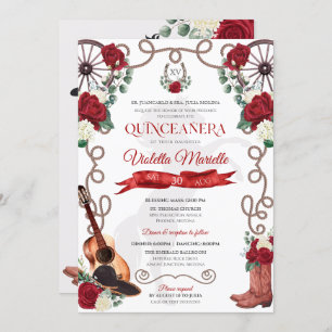 Elegant Red Rose Rustic Mariachi Charra Quinceanos Invitation