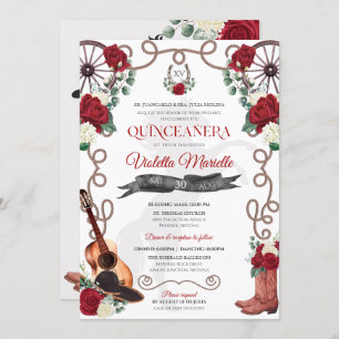 Elegant Red Rose Rustic Mariachi Charro Quinceanos Invitation