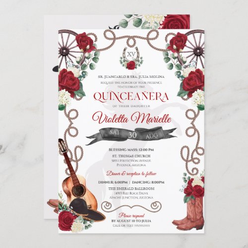 Elegant Red Rose Rustic Mariachi Charro Quinceanos Invitation