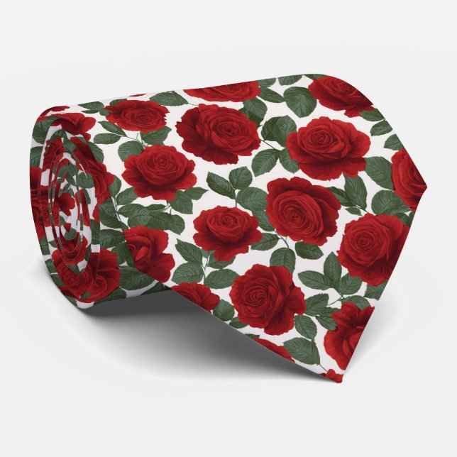 Elegant Red Rose Seamless Floral Pattern Neck Tie (Rolled)