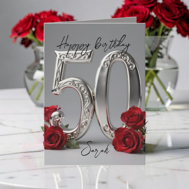 Elegant Red Rose Silver 50th Milestone Birthday Card (Creator Uploaded)