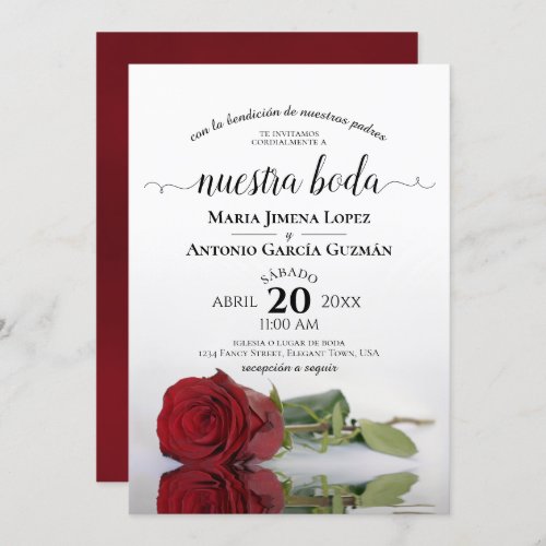 Elegant Red Rose Spanish Nuestra Boda Wedding Invitation