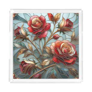 Elegant Red Rose Stained Glass Floral Gold Accent  Acrylic Tray
