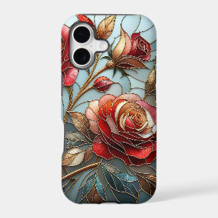 Elegant Red Rose Stained Glass Floral Gold Accent iPhone 17 Case