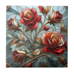 Elegant Red Rose Stained Glass Floral Gold Accent  Ceramic Tile