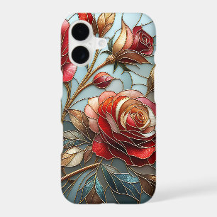 Elegant Red Rose Stained Glass Floral Gold Accent iPhone 17 Case