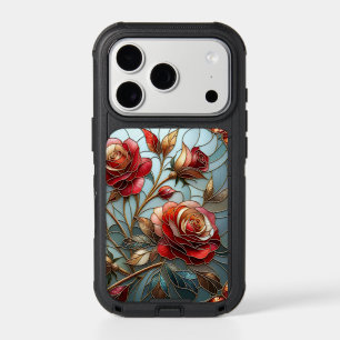 Elegant Red Rose Stained Glass Floral Gold Accent  iPhone 17 Pro Case