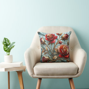 Elegant Red Rose Stained Glass Floral Gold Accent Throw Pillow