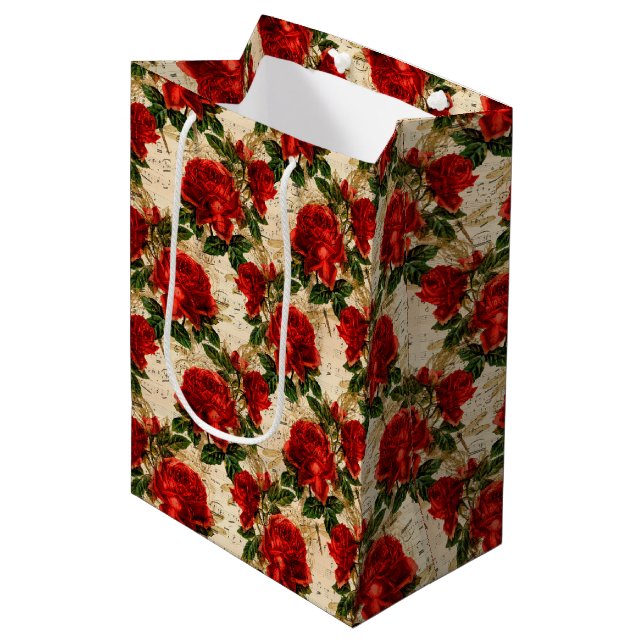 Elegant red rose tiled pattern medium gift bag (Front Angled)