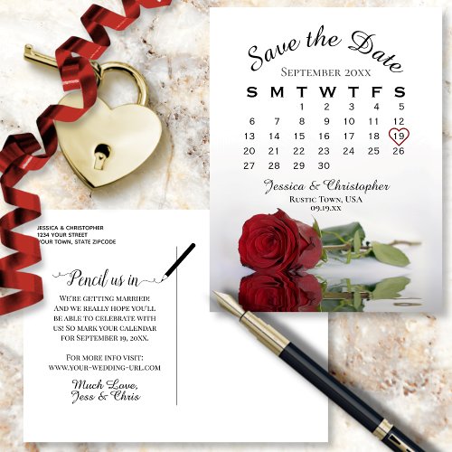 Elegant Red Rose Wedding Calendar Save the Date Announcement Postcard