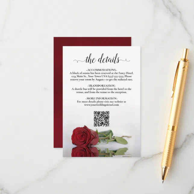Elegant Red Rose Wedding Details QR Code Enclosure Card | Zazzle