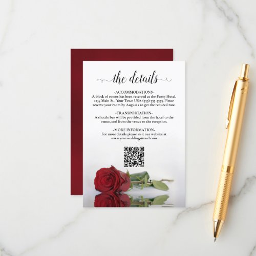 Elegant Red Rose Wedding Details QR Code Enclosure Card