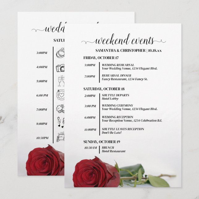 Elegant Red Rose Wedding Events & Timeline Program (Front/Back)
