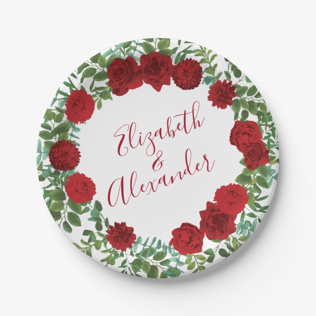 Elegant Red Rose Wedding Paper Plates (Front)