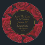 Elegant Red Rose - Wedding Save The Date Classic Round Sticker<br><div class="desc">The Elegant Red Rose Wedding Collection – Containing all you need to make your special day bright, elegant and memorable. A selection of stylish, elegant design elements including gold text and classic black text boxes finished with a elegant, vivid red rose background. All text is customizable - simply add names,...</div>