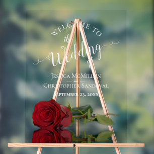 Elegant Red Rose White Text Wedding Welcome Acrylic Sign