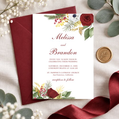 Elegant Red Rose Winter Greenery Script Wedding Invitation