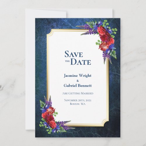 Elegant Red Rose with Gold Border Wedding Save The Date