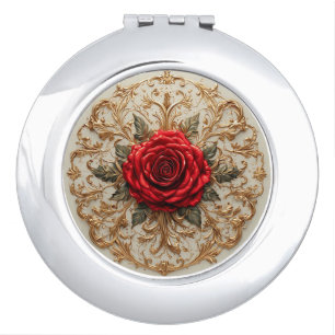 Elegant Red Rose With Ornate Gold Floral Compact Mirror