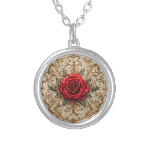 Elegant Red Rose With Ornate Gold Floral Silver Plated Necklace