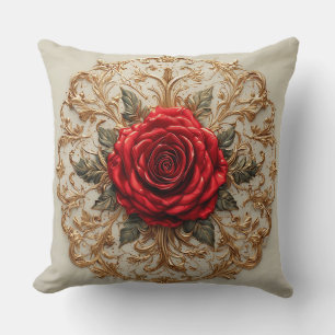 Elegant Red Rose With Ornate Gold Floral Throw Pillow