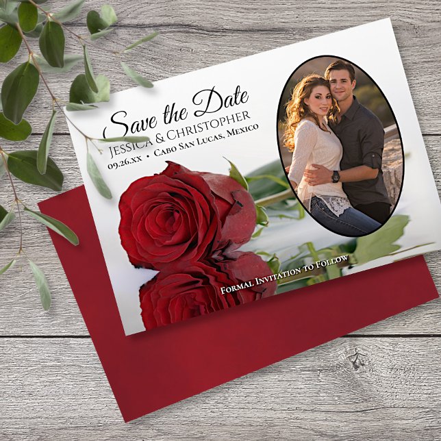 Elegant Red Rose with Oval Photo Wedding Save The Date (Creator Uploaded)