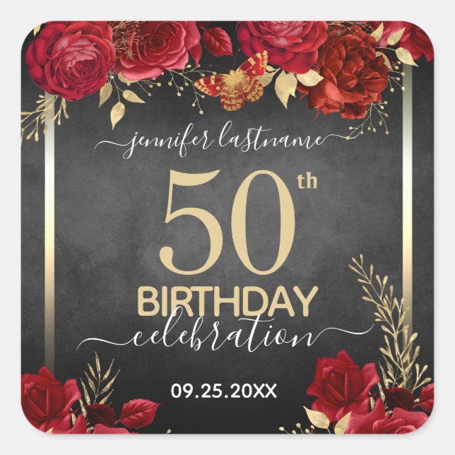 Elegant Red Roses 50th Birthday Square Sticker (Front)