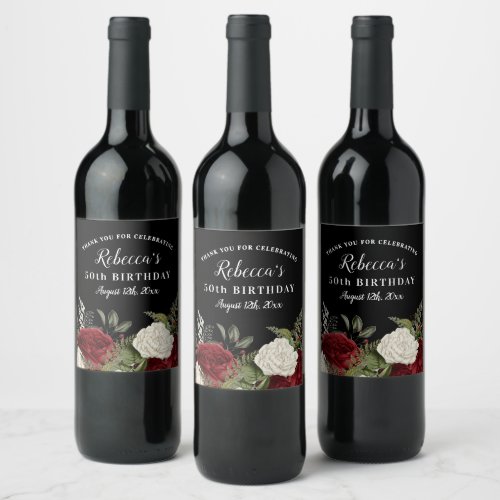 Elegant Red Roses 50th Birthday Thank You Wine Label