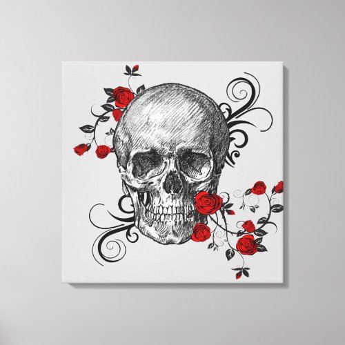 Elegant Red Roses and Black Skull   Canvas Print